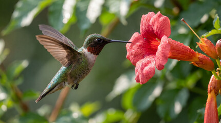 Fototapeta premium A Ruby-throated Hummingbird hovers mid-air, its long beak reaching into a vibrant Trumpet vine flower. The scene is awash in lush greenery and warm, inviting light.