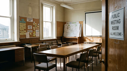 Empty chairs surround a long table inside a bright public meeting room. A bulletin board displays community input and local planning notes, awaiting discussion.