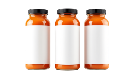 three clear glass bottles filled with vibrant carrot juice and topped with black caps,