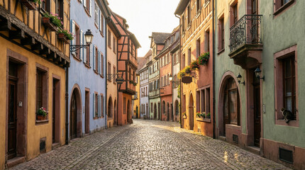 Obraz premium A quiet street in Petite France, Strasbourg is bathed in the soft light of dawn, highlighting the colorful buildings and cobblestone path. A cat watches from a window.