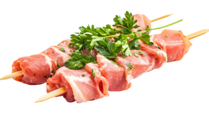 Prosciutto skewers cured ham appetizer savory Italian antipasto bite sized gourmet party food isolated on white background