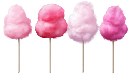 Cotton candy on sticks fluffy sweet spun sugar dessert carnival fair treat pastel isolated on white background