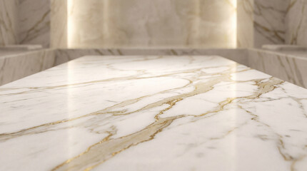 A close-up reveals a flat, reflective surface with swirls of gold veining. The creamy white marble is bathed in soft light, adding a sense of opulence to the architectural space.