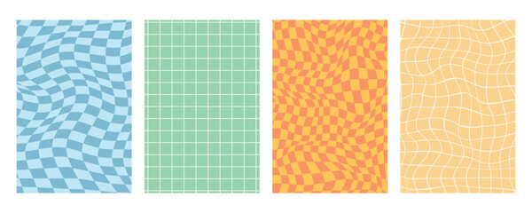 Set of 4 Groovy Checkerboard and Grid Backgrounds - Distorted Wavy Op Art Vector Pack.