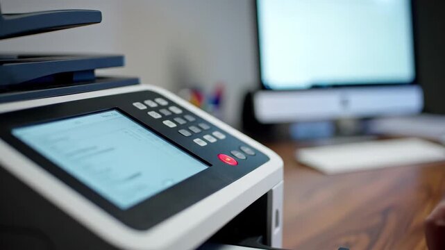 Senior mans hand pressing a glowing red button on a modern office multifunction printer control panel, 4k
