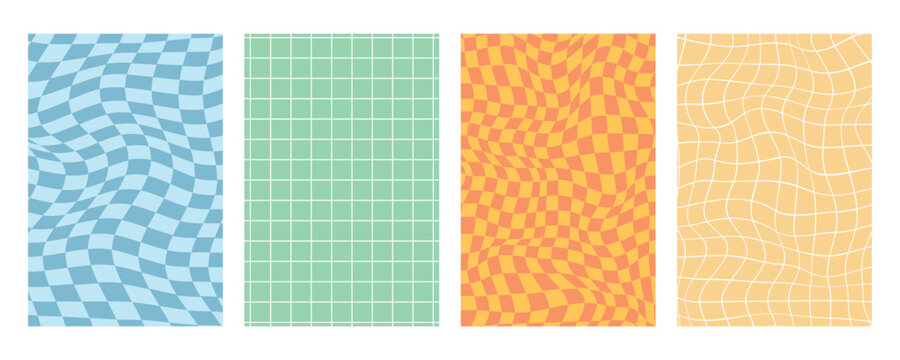 Set of 4 Groovy Checkerboard and Grid Backgrounds - Distorted Wavy Op Art Vector Pack.
