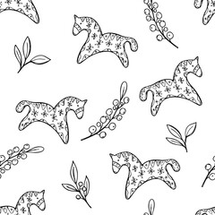 Traditional painted wooden Dala horses among berry branches vector seamless isolated pattern. Monochrome folk art design with Scandinavian symbol illustration. For festive holiday decorations.