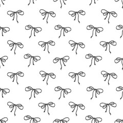 Vector rope bows seamless isolated pattern painted by black inks. Decorative jute bow ornate. Hand drawn tied cords line ink illustration for eco friendly packaging, marine themed decor, rustic decor