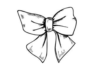 Wide satin ribbon tied into delicate bow vector isolated illustration. Hair element line art black ink sketch. Hand drawn coquette silk tape for romantic design, packaging, wedding invitations