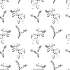 Traditional Xmas red wooden moose figurine among simple green plants vector seamless pattern. Sweden Christmas animal symbol and herbs line art ink ornate for winter holiday designs, home decor.