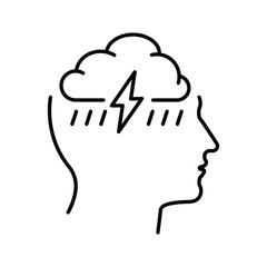 Human head with storm and lightning. Line icon. Editable stroke. Vector illustration.