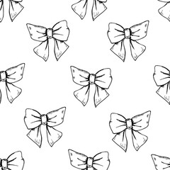 Satin bows seamless monochrome vector isolated pattern. Decorative hair accessories ornate. Hand drawn tied silk ribbons line ink illustration for romantic design, packaging, textile printing