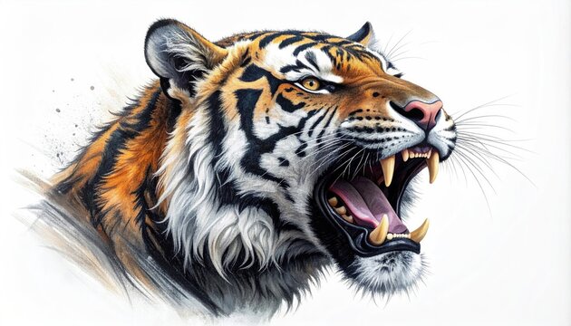 Fierce Bengal tiger portrait with open mouth baring teeth