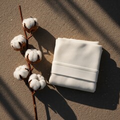 High-angle composition of sustainable ribbed sleepwear and botanical elements, captured in warm, dappled lighting without labels.