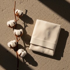 Artistic still life of organic cotton lingerie arranged artfully with raw cotton bolls on a textured stone surface.