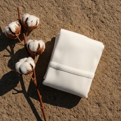 Organic arrangement of unbleached cotton intimates and nature elements, creating a mood of eco-friendly luxury and purity.