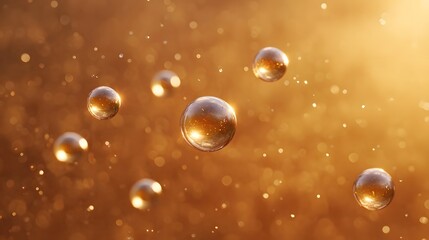 Close up of luminous golden bubbles sparkling in a warm bokeh filled background