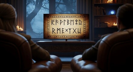 Two people watching ancient runic symbols on a modern television screen in a dimly lit room, creating a mysterious and intriguing atmosphere.