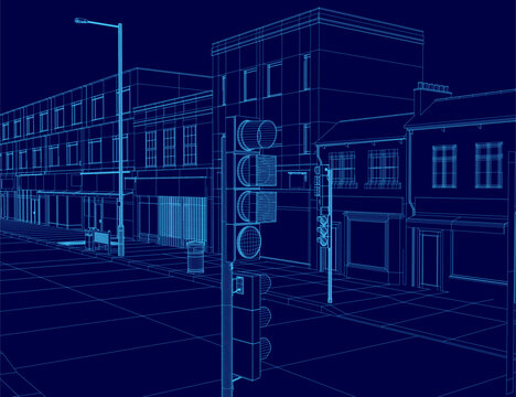 A 3D wireframe model of a town street at night, featuring illuminated buildings, street lights, and traffic poles under a dark sky.