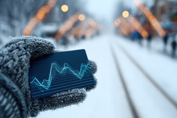 Hand holding a card with financial data in a snow-covered street with festive lights in winter