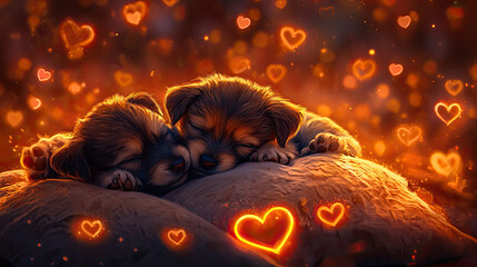 Two adorable puppies cuddling intimately with glowing hearts around AI Generative