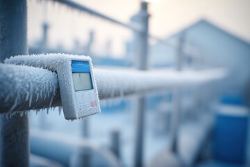 Temperature monitor shows low reading in cold environment with frost on pipes during winter morning