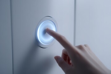 Finger pressing a round light switch located on a wall in a bright room during daytime