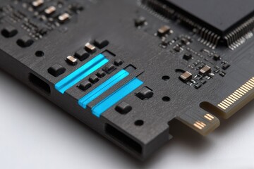 Close view of a circuit board with blue lines showing connections and components in a tech environment