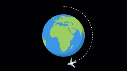 4k digitally airplane flying around earth animation on alpha channel black background - Powered by Adobe