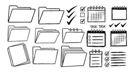 Collection of hand drawn folder and calendar icons for organization and planning.