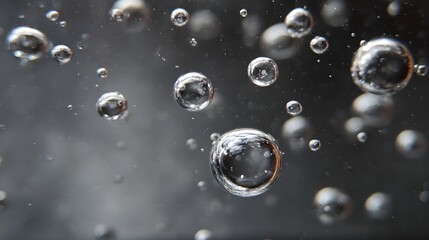 ro view of small clear bubbles suspended in a dark liquid with light reflections