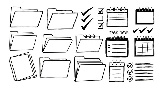 Collection of hand drawn folder and calendar icons for organization and planning. - Powered by Adobe
