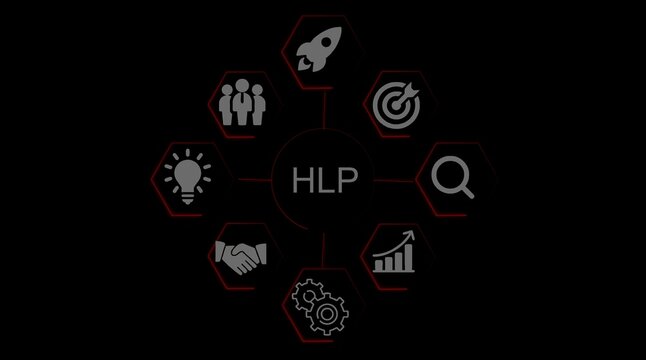 H L P business strategy diagram with icons for teamwork idea search growth and rocket launch image