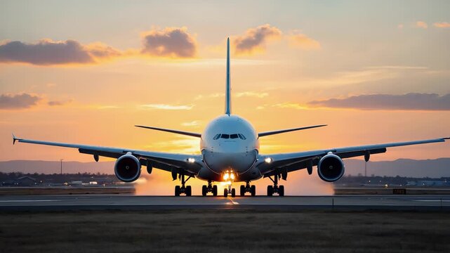 Passenger airplane taking off at dawn, backlit by rising sun, commercial flight departure, airport runway, travel and transportation.