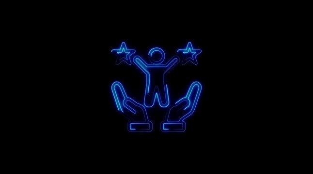 Neon blue outline of a person with arms raised between two stars held by two hands on a black background