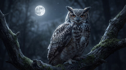 A majestic Great Horned Owl sits alertly on a branch, its eyes gleaming in the soft glow of a full moon in the deep, dark forest.