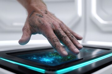 Hand touches a screen displaying a colorful map in a futuristic setting with bright lights and a smooth surface