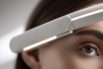 Person using a device on their head in a bright indoor setting during daytime