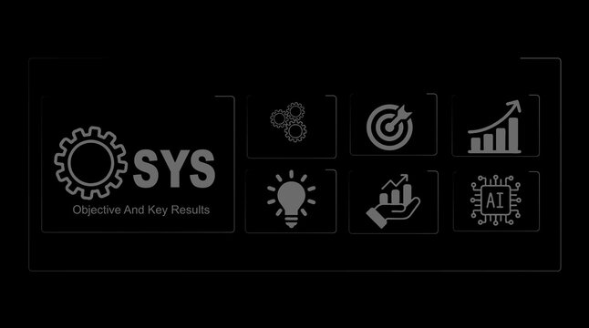 Objective and Key Results icons with gear lightbulb target graph and A I chip