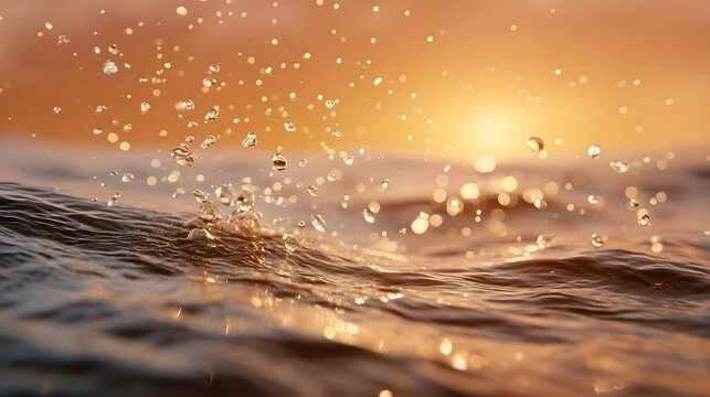 Close up of water droplets splashing on a wavy surface during a golden hour sunset