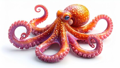 Fototapeta premium Vivid, stylized octopus with red-orange skin on white background