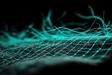 Fiber strands and net structure create a detailed pattern on a dark background during a close-up view
