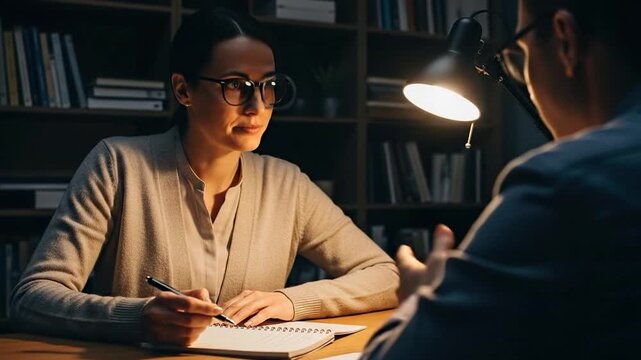 Woman in interview taking notes under lamp light.