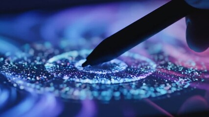 Close-up of digital stylus pen touching tablet screen to create futuristic neon particle explosion and data interface visualization - Powered by Adobe