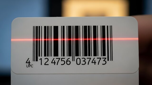 Close-up of a barcode being scanned by a red laser light.