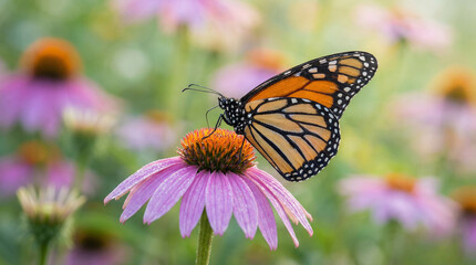 A Monarch butterfly delicately lands on a vibrant purple coneflower, surrounded by a colorful meadow. It is bathed in soft, early morning light.