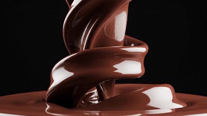 A mesmerizing stream of rich dark melted chocolate gracefully cascades downwards creating a luxurious and decadent pool on a reflective surface against a stark black background highlighting its smoot.