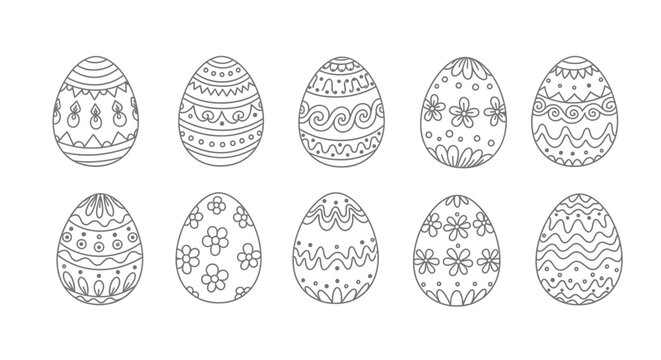 Collection of Hand-Drawn Easter Eggs with Intricate Patterns and Designs.