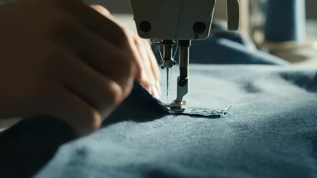 Sewing process close-up of hands working on denim fabric. Tailor skillfully operates sewing machine to create custom garment. Craftsmanship captures artistic design and precision.