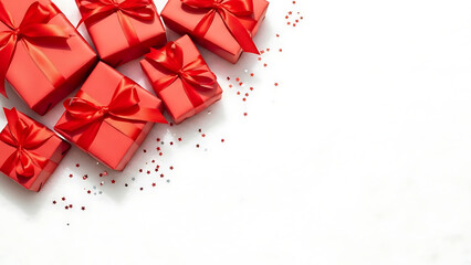 Red gift boxes arranged on a white background with decorative bows and scattered confetti